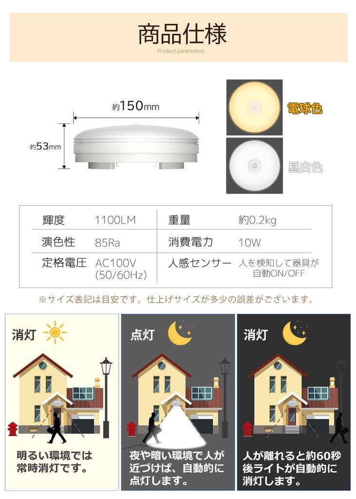 POOPEE LED Sensor Light, Small, with Motion Sensor, Ceiling Light, Suitable for 4 Tatami Mats, Entrance, Hallway, etc., 10W Power Consumption