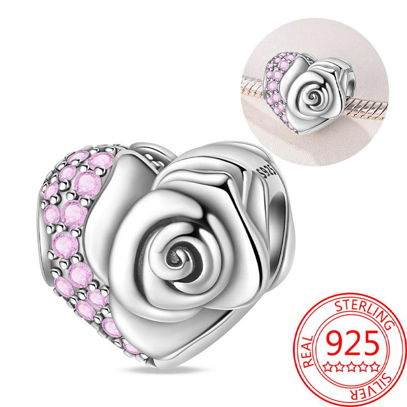 Breloque Pendentif Perles Cœur Rose Scintillant Cuivre Compatible Bracelet Original Pour Femmes Bijoux Cadeaux Saint-Valentin