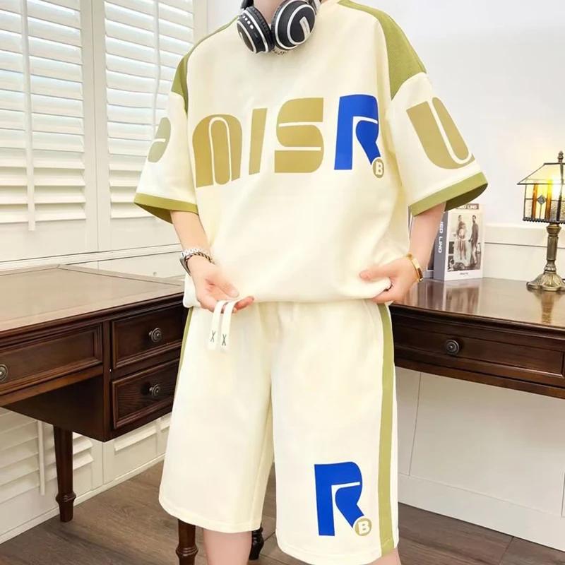 Summer Men's Sets Korean Fashion 2 Piece Set Tracksuit Men Trend Men Clothing Joggers Set Print T Shirt+Shorts Men Outfit Set