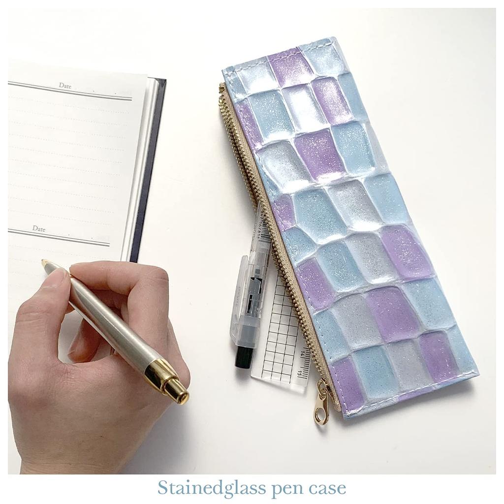 Pen Case Leather Thin Genuine Leather Compact Slim Pencil Case Pen Holder Simple Stationery Cowhide Stained Glass Purple Women's Men's