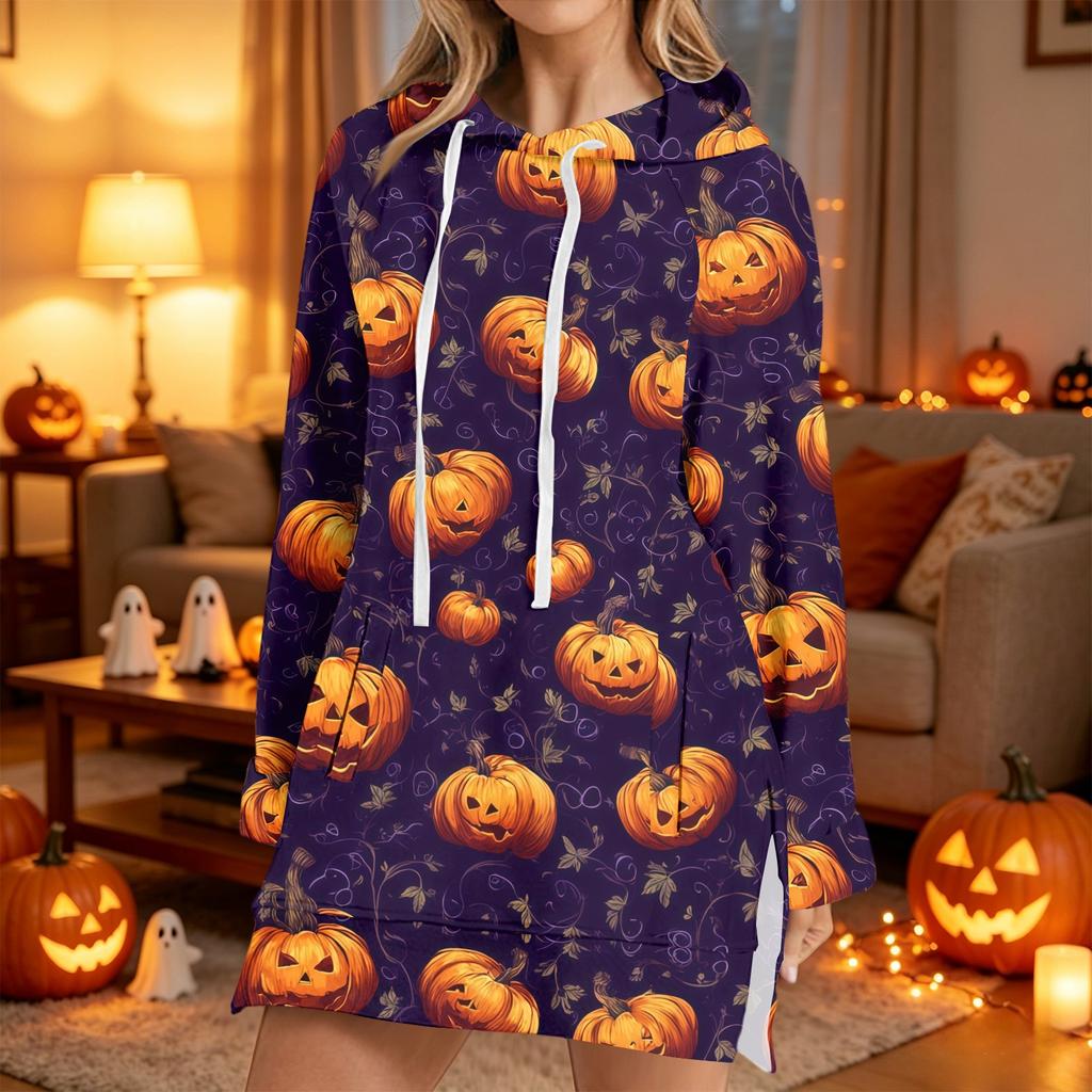 Women's Casual Long Sleeve Halloween Print Pullover Hoodie Sweatshirt