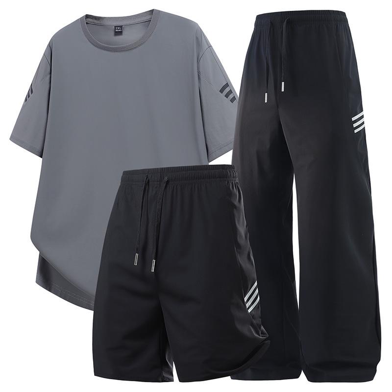 Quick-Dry Ice Silk Men's Plus Size Sportswear Set - Summer Thin, Versatile Three-Piece for Fitness & Basketball.