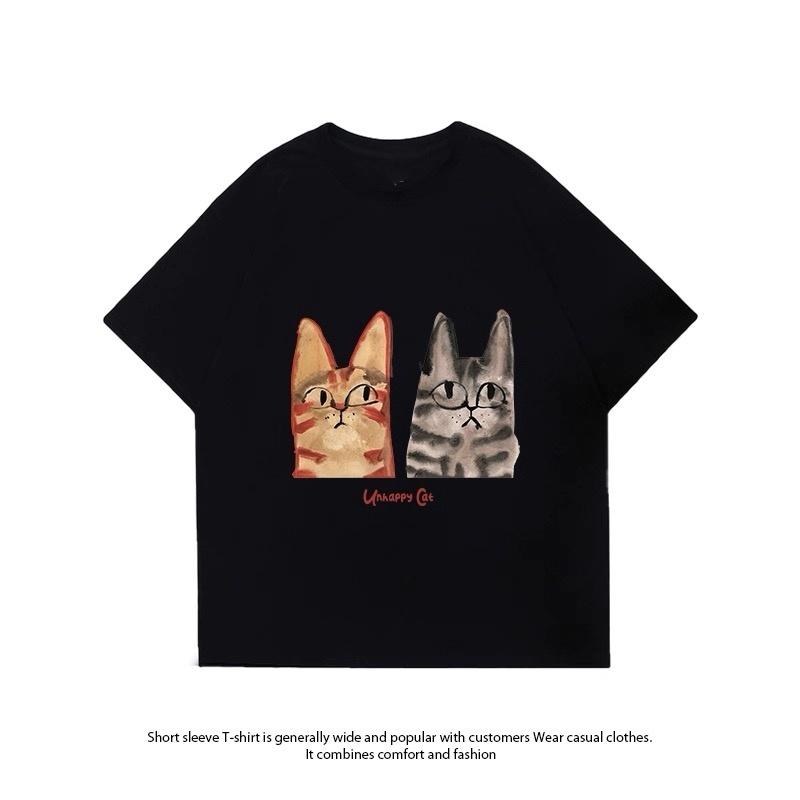 ZAZOMDE Vintage Y2K Cute Animal Print T Shirts Unisex Unisex Watercolor Kitten Pattern Crew Neck Loose Oversized Summer Basic Tops