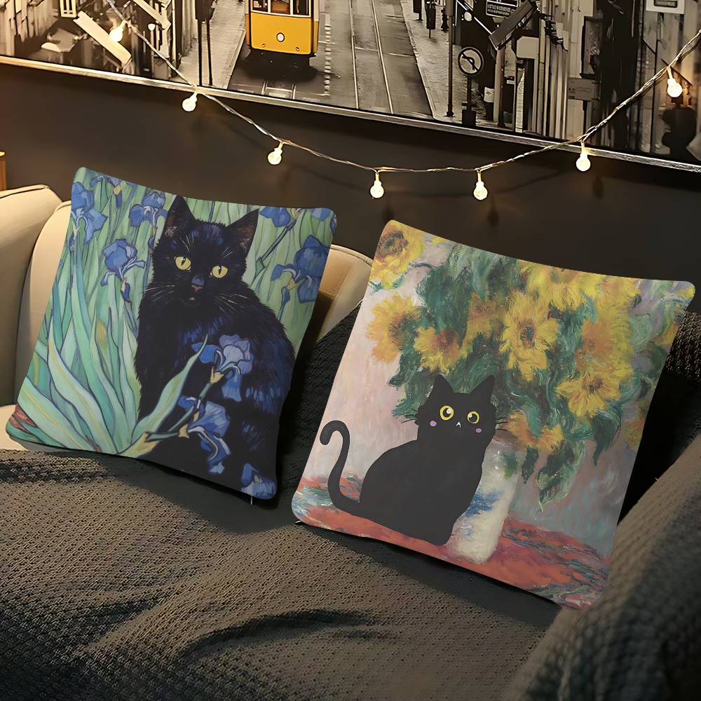Svart Katt Kuddfodral Avtagbart Tvättbart Kuddöverdrag – Mjukt Linne för Alla Årstider