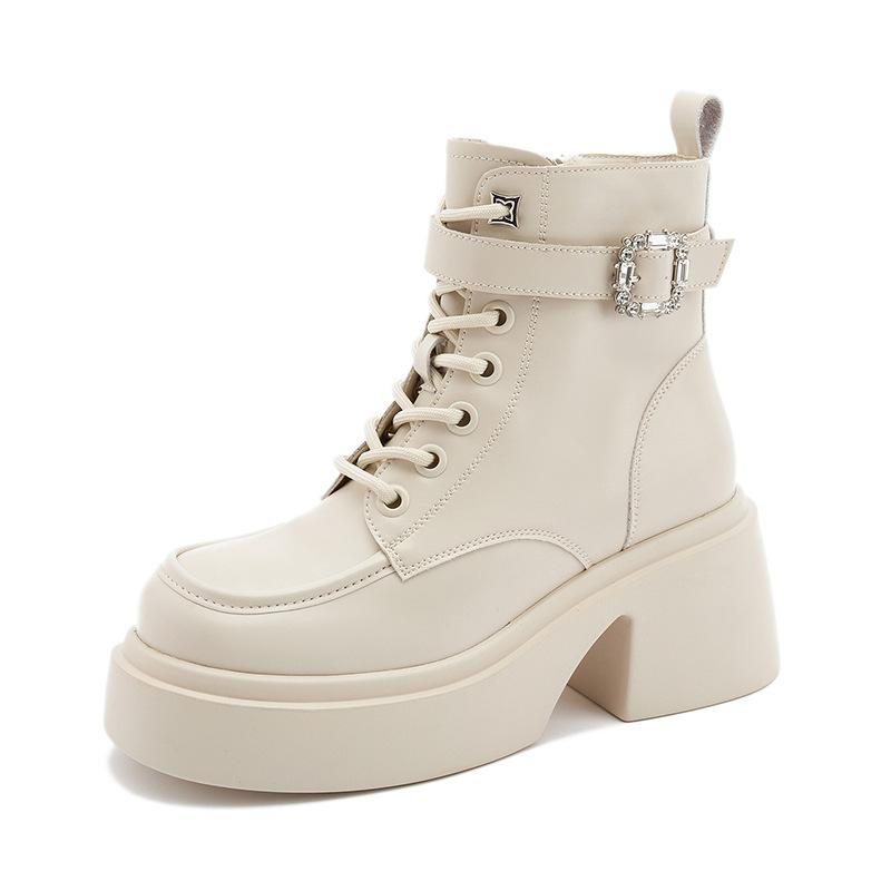 Thick-soled Martin boots women's 2025 autumn and winter new medium boots women's versatile height-increasing black British lace-up short boots