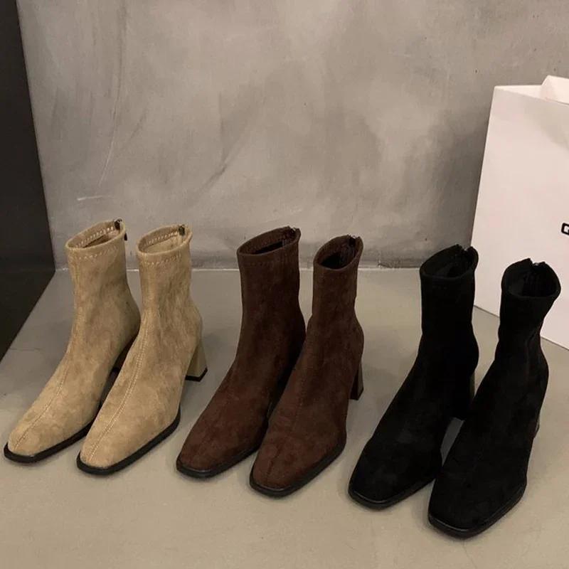 Tocuri înalte Cizme de zăpadă pentru femei Pantofi din piele intoarsa cu varf patrat Cizme Chelsea de designer de iarna Trend Goth Gladiator Botas De Mujer