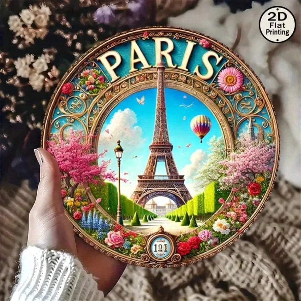 Paris Eiffel Tower Metal Wall Art, Blue Sky Hot Air Balloon Flowers Print, Indoor Outdoor Home Decor
