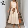 Women's Fashion Summer Spring Colour Block Print Sleeveless O-Neck High Waist Casual Dresses