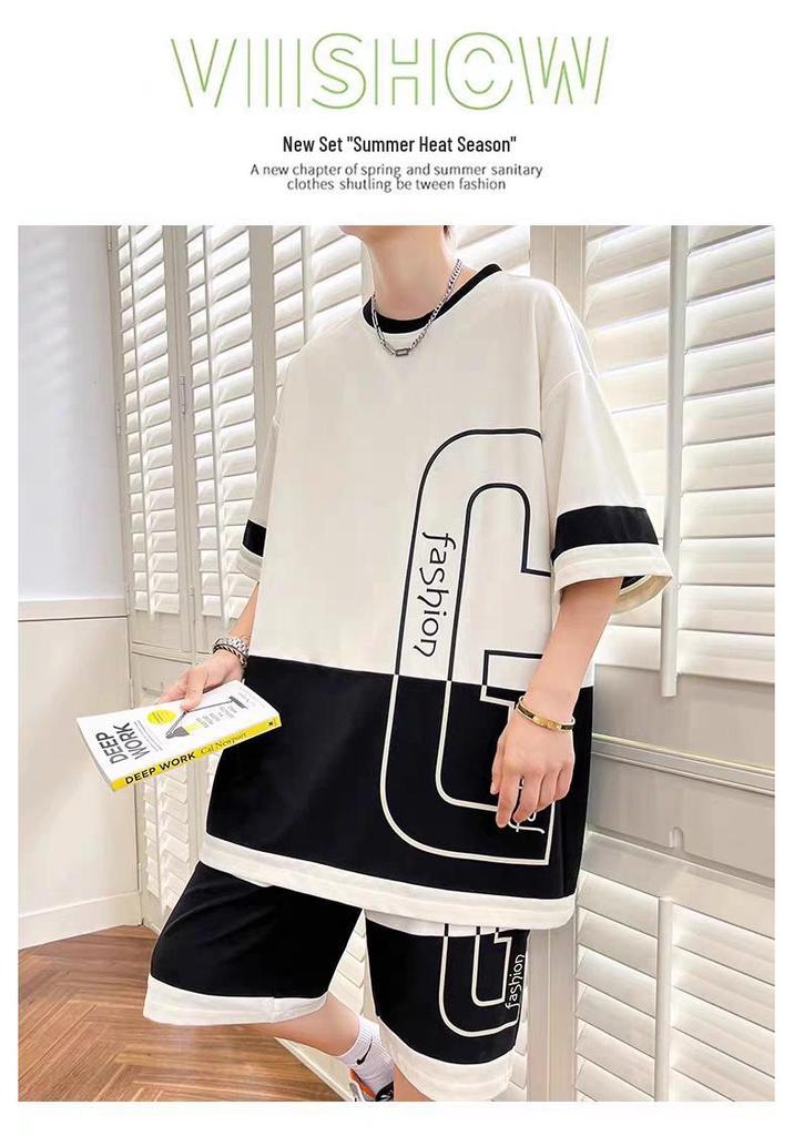 Teen Summer Cool Casual Two-Piece Set: Men’s Trendy Loose Short Sleeve T-Shirt + Shorts