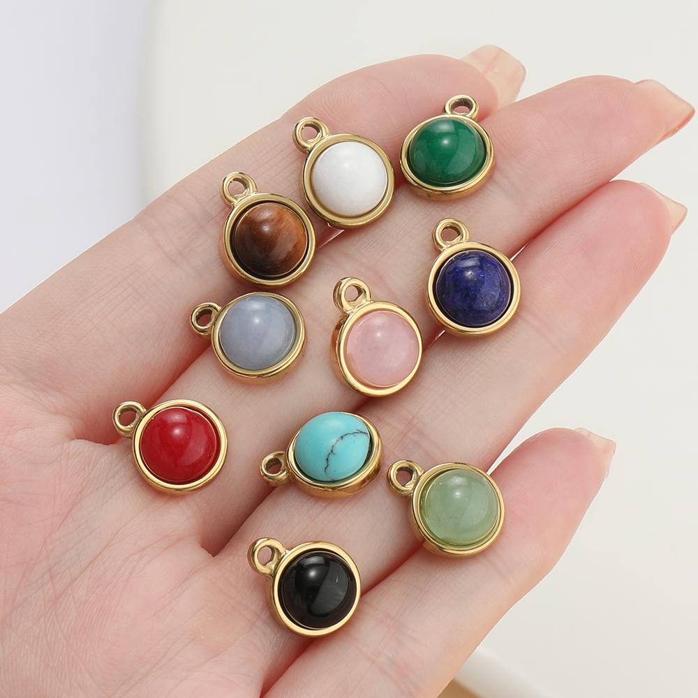 1pc Gold Color Stainless Steel with Round Natural Stone Charms Pendants for Earrings Necklace Jewelry Making Accessories