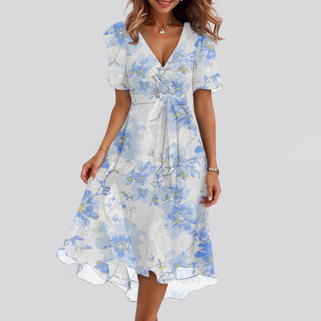 Women's Fashion Casual V Neck Short Sleeve Ruffled Vintage Printed Dresses