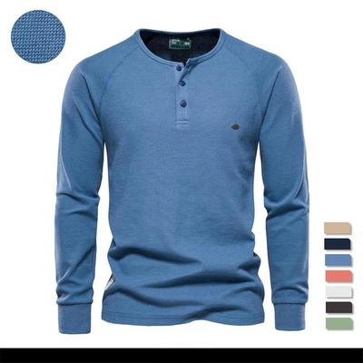 T-shirt a nido d'ape da uomo, nuova maglietta autunnale con colletto Henley, manica lunga, semplice e traspirante, da uomo, tinta unita, top da uomo
