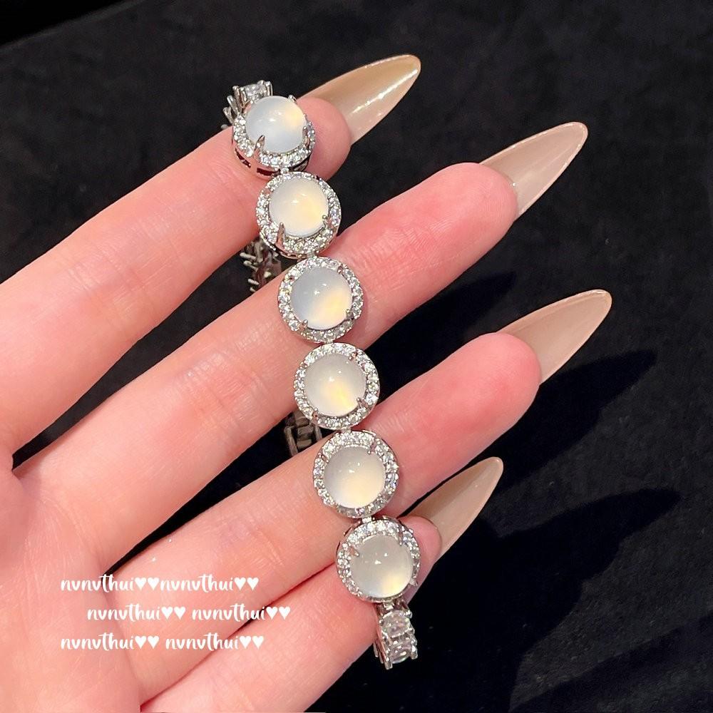 Myanmar Water Foam Jade Sunflower Big Egg Surface Gemstone Bracelet, New Chinese Style, White Chalcedony Agate Flower Zircon Bracelet.