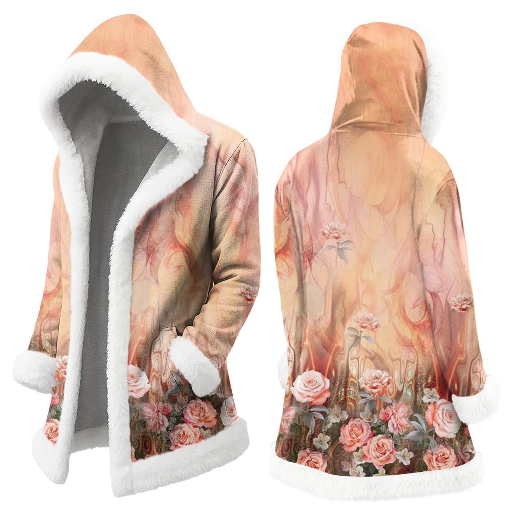 Unisex Casual And Fashionable Plush Collar Hooded Long Sleeved Floral Gradient Printing Jacket