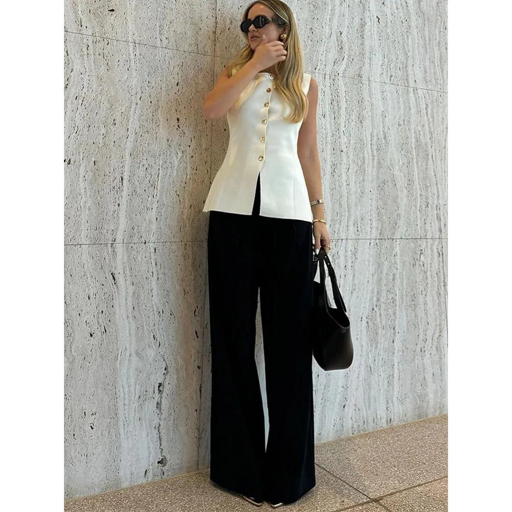 Fashion Golden Single Breasted Sweater Vest for Women Causal Sleeveless V-neck Slim Knit Cardigan Autumn New High Street Tops
