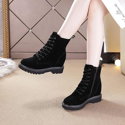 Skinny Inner Height Increase Martin Boots for Women, Spring Women's Boots, Thick-soled Medium Boots, Black Short Cotton Boots for Women