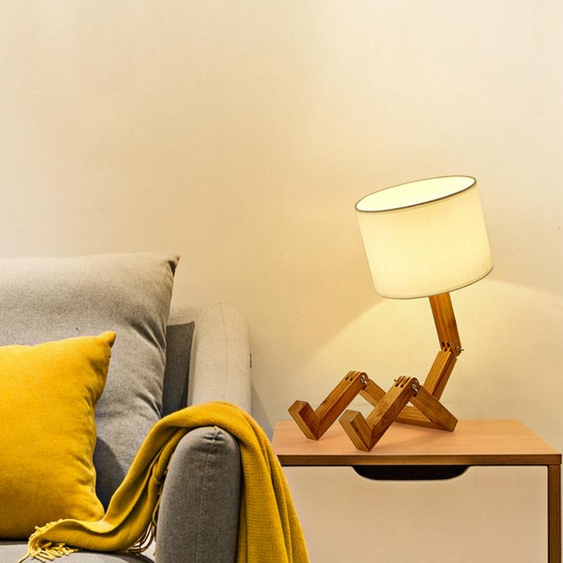 Moderne Stoffkunst Holz Schreibtisch Tischlampe Roboterform Holz Tischlampe Dekor Leuchten Wohnzimmer Arbeitszimmer Schlafzimmer Nachtlicht