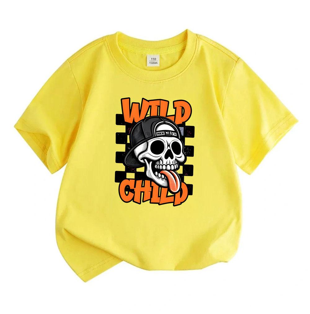 Kids Boys Girls 100% Cotton Crew Neck Short Sleeve T-Shirt, Cool Wild Child Skull Pattern Casual Breathable Tee, Fashion Streetwear Top for Daily Play