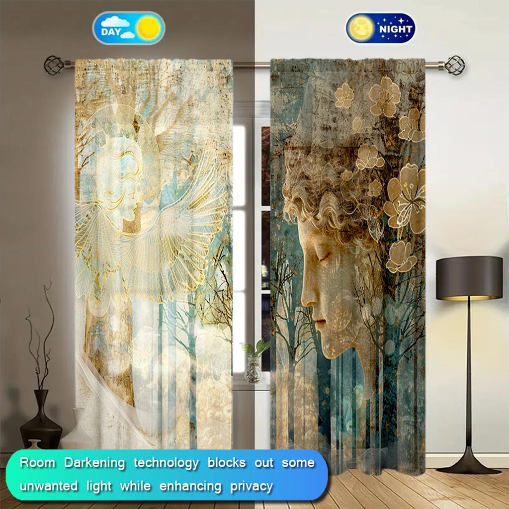 2pcs Character Watercolor Painting Printed Curtain for Home Decor - Rod Pocket Window Treatment for Bedroom Office Kitchen