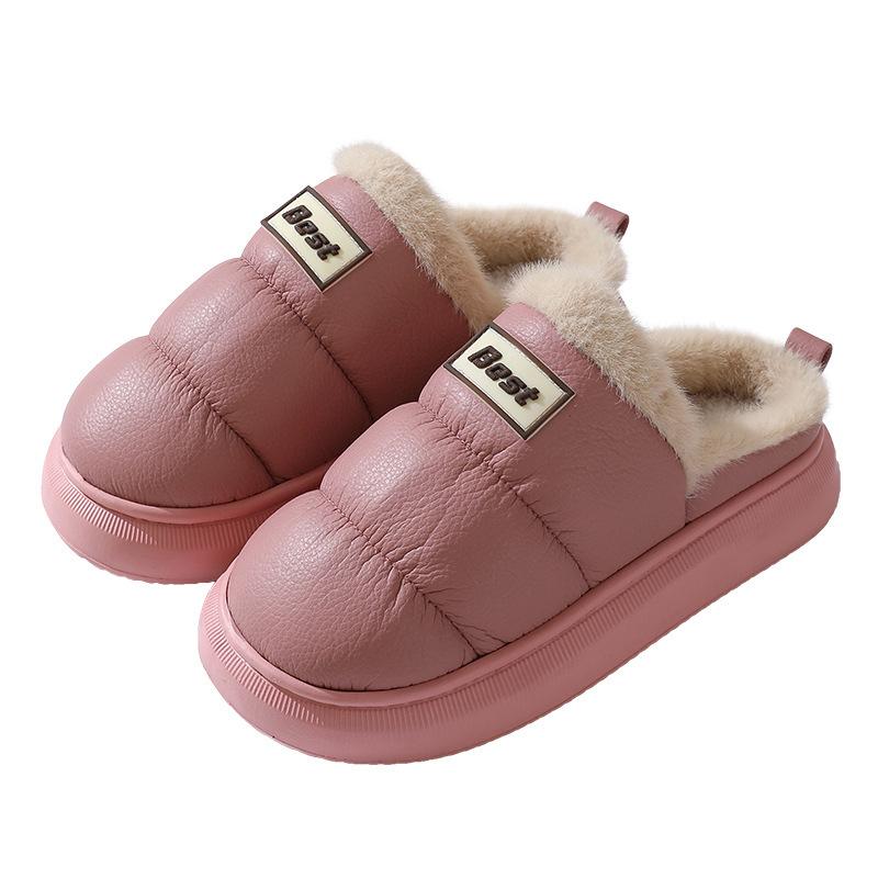 PU leather cotton slippers warm in autumn and winter home EVA thick bottom, non-slip indoor and outdoor wear waterproof velvet cotton mop