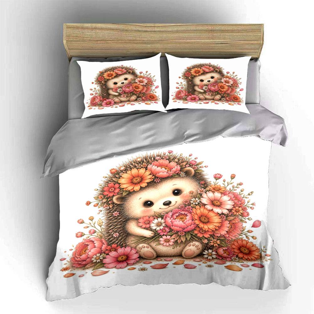 Cute Hedgehog Holding Flowers Duvet Cover Set With 3D Printing Design Soft Polyester Bedding Set All-Season Comfort For Gifts