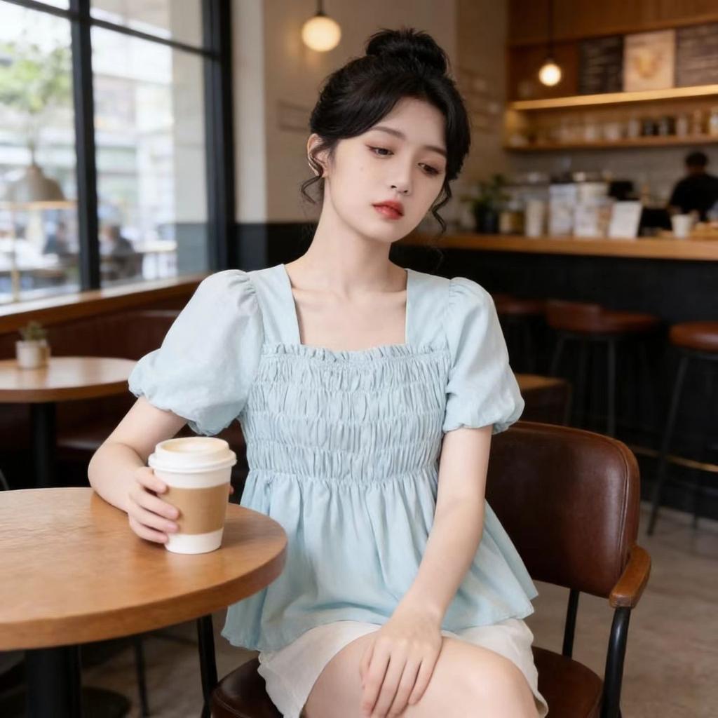 Korean princess short Spice girl square collar coffee break light-colored new flared sleeve slim French casual short-sleeved top summer