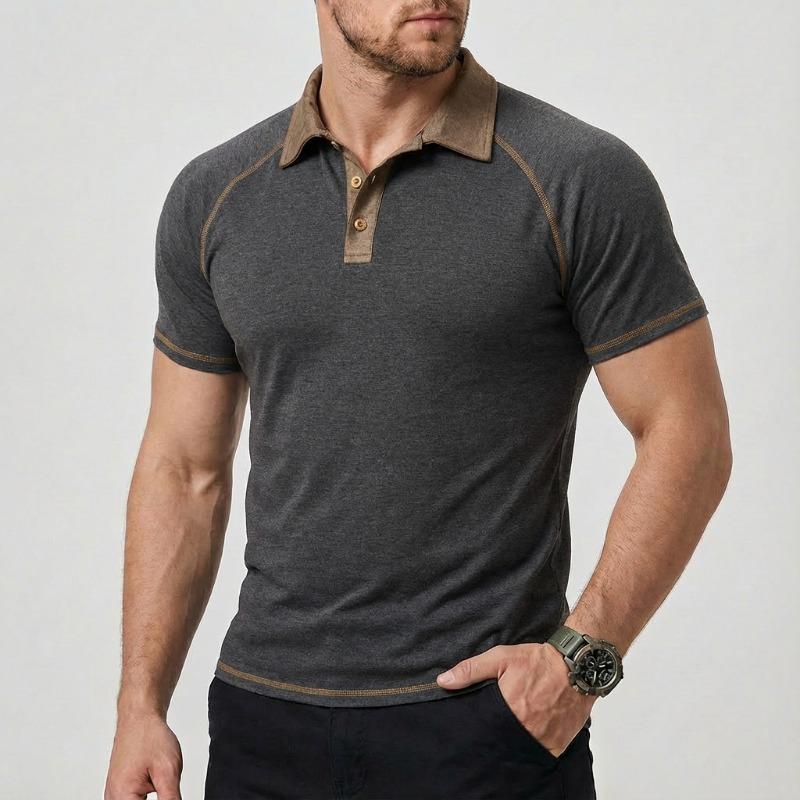 

Men Turn Down Collar Short Sleeve Polo Shirt Raglan Contrast Trim Slim Casual Daily Tops S темно-сірий колір