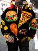 Unisex Fastfood Burger Pizza Pommes Frites Kylling Print Hættetrøje Sort Bund Langærmet Afslappet Street Pullover Sweatshirt