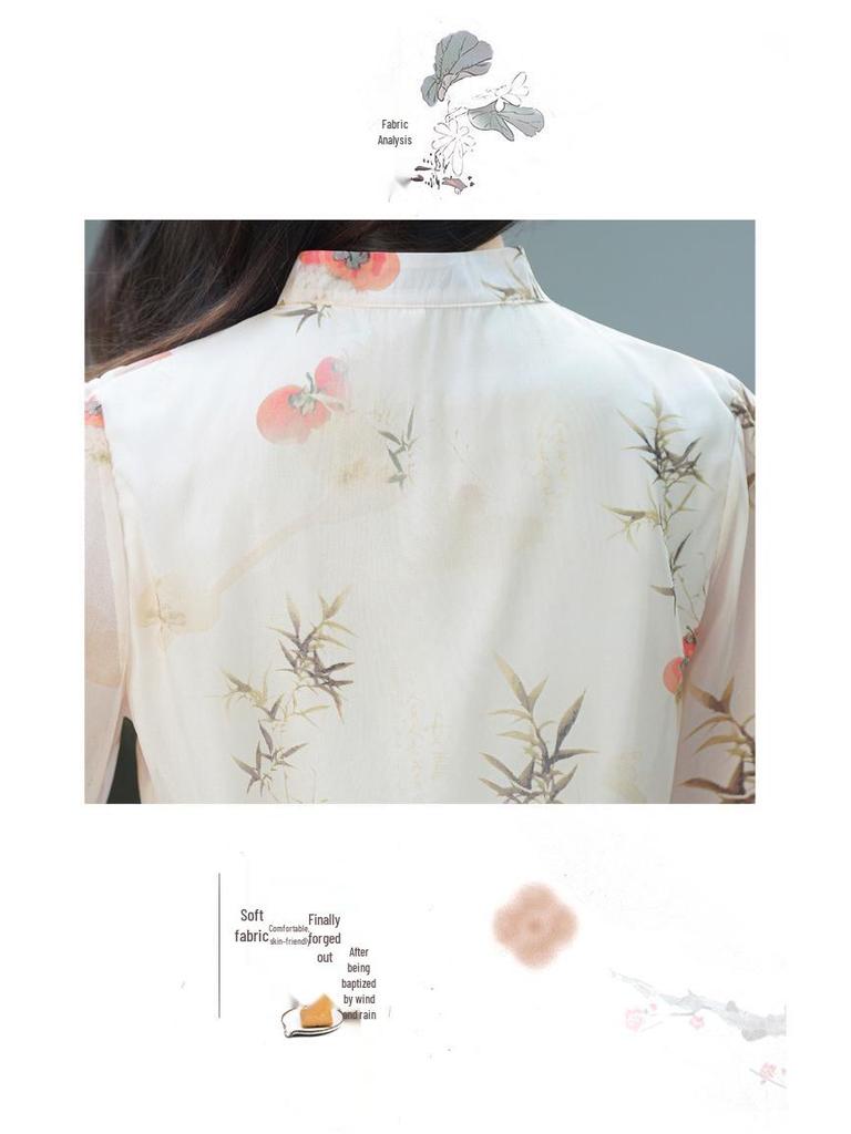 Retro-Print Chiffon Tang-Anzug & Hanfu Weitbein-Hosen-Set für Damen – Frühjahr/Sommer-Kollektion