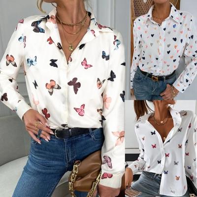 Women's Blouse Fashion Printed Long-sleeved Shirt Butterfly Printed Lapel Shirt