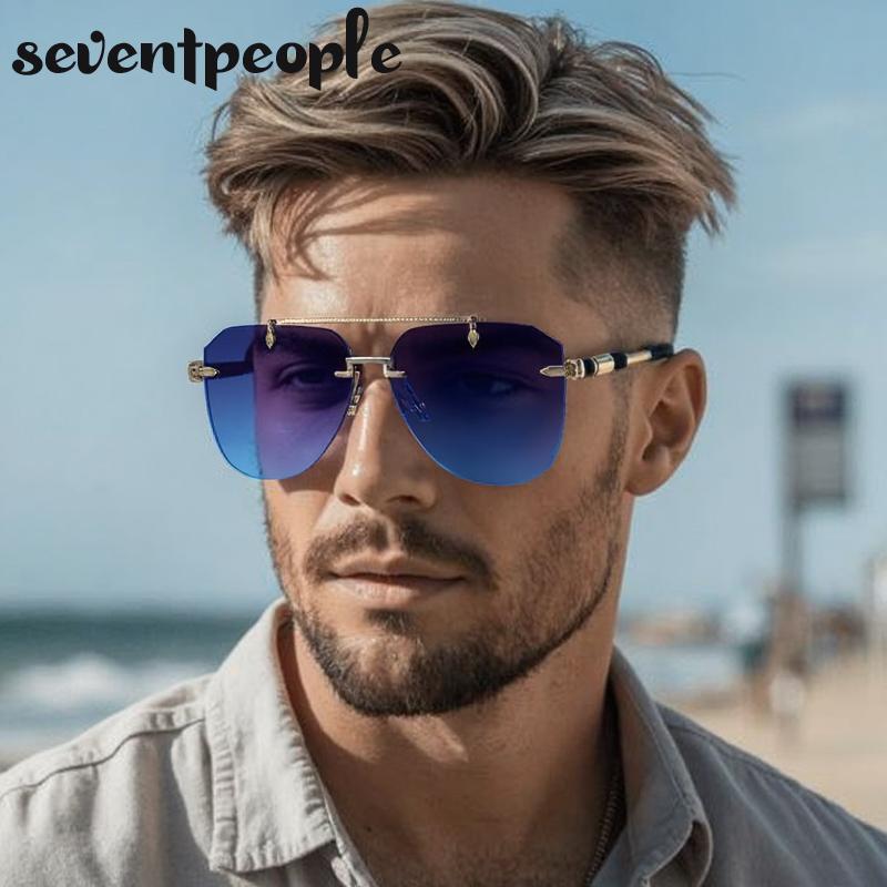 Steampunk Oversized Rimless Pilot Sunglasses Men Luxury Brand Trendy Oval Metal Punk Sun Glasses Retro Outdoor Shades UV400