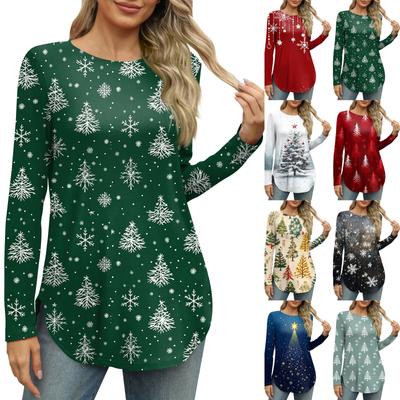 Womens Long Sleeve Round Neck Shirts Side Split Basic Loose Tunic Tops Christmas Print  Casual Shirts