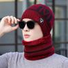 Plush Lined Knitted Beanie Set Windproof Winter Knit Headwear Set Cozy Neck Warmer Set  For Men