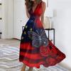 Women Sleeveless V Neck Waist Tie Maxi Dress with Independence Day Flag and Floral Print for Summer Casual Outings