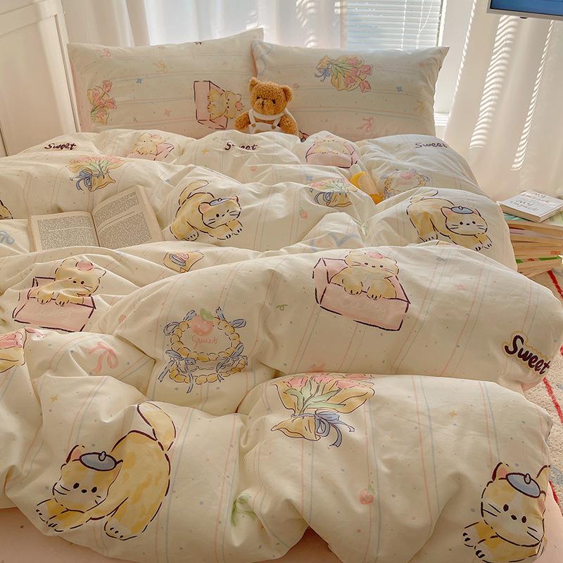 100% Pure Cotton Bed Four-piece Set Skin-friendly Water Wash Bed Sheet Quilt Cover Pillowcase Set