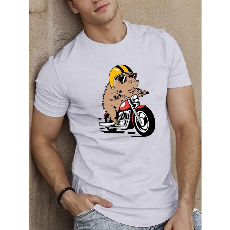 

Мужская летняя футболка европейского размера с изображением капибары на мотоцикле, в очках и шлеме. S белый