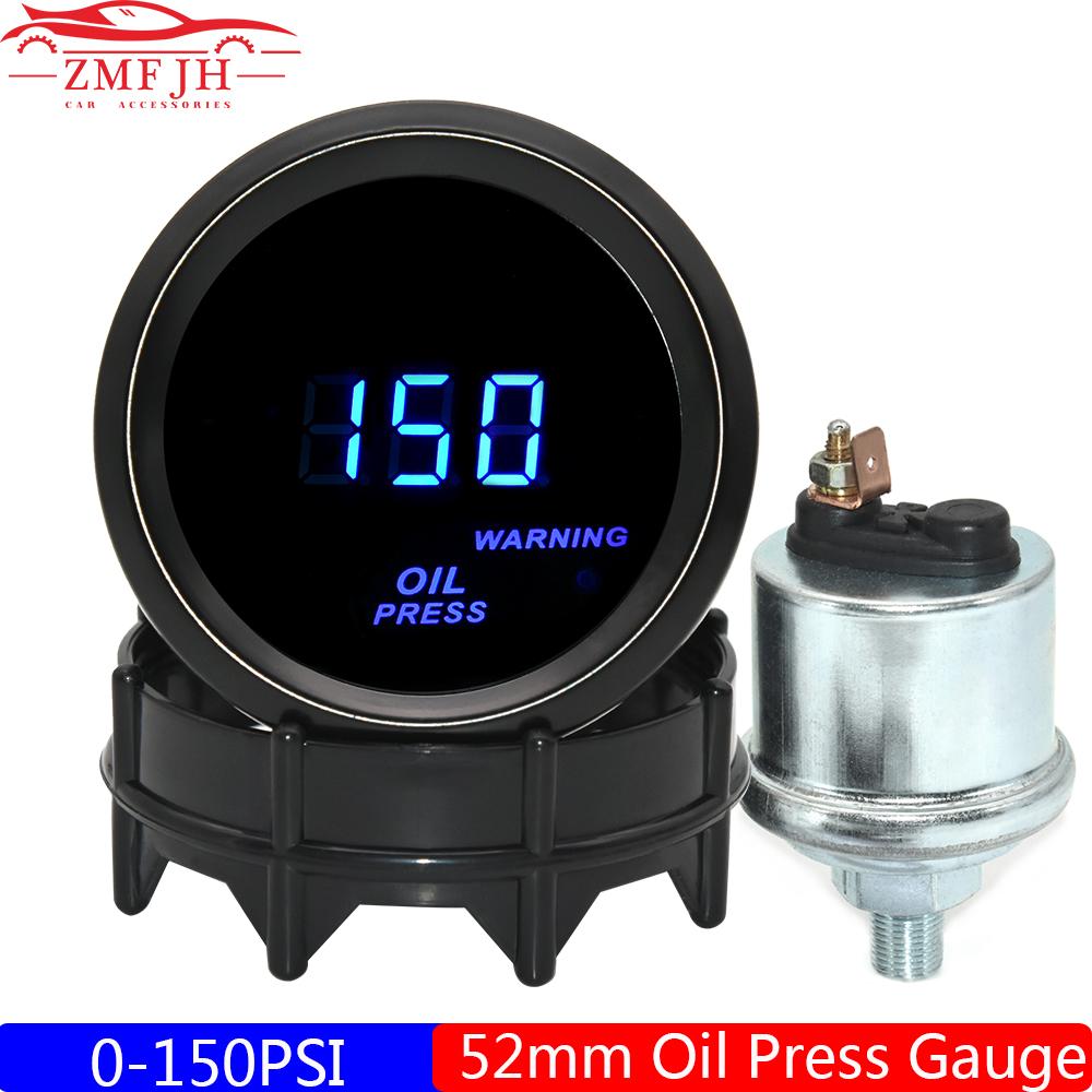 Universal 52mm Oil Pressure Gauge with Warning Blue LED Digital 0-150PSI Oil Press Meter 1/8NPT Sensor for Gasoline Car 12V