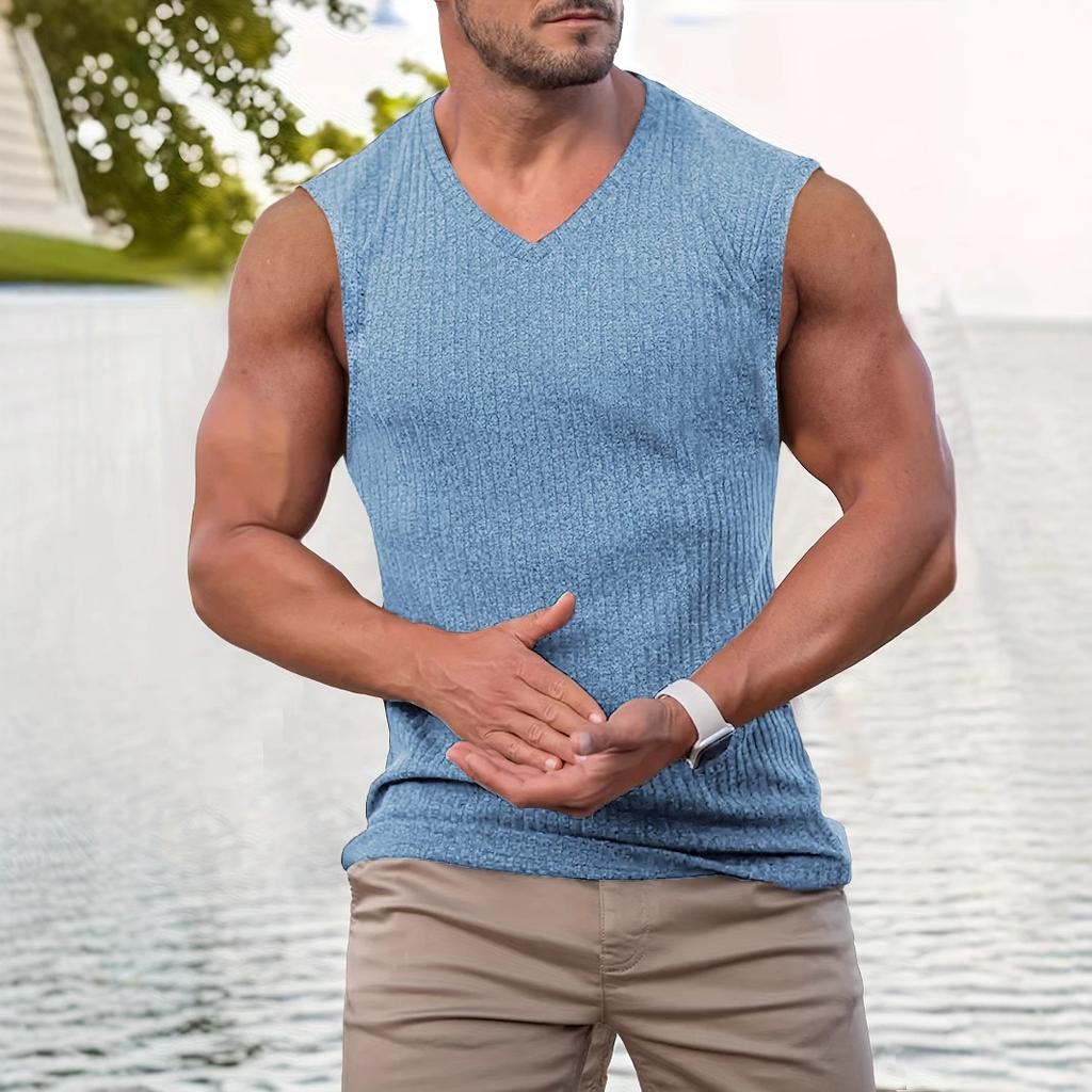 Summer Knitted Vertical Bar Fitness Sports Leisure Slim Fit Tank Top For Men Sleeveless Wide Shoulder Tank Top For Men