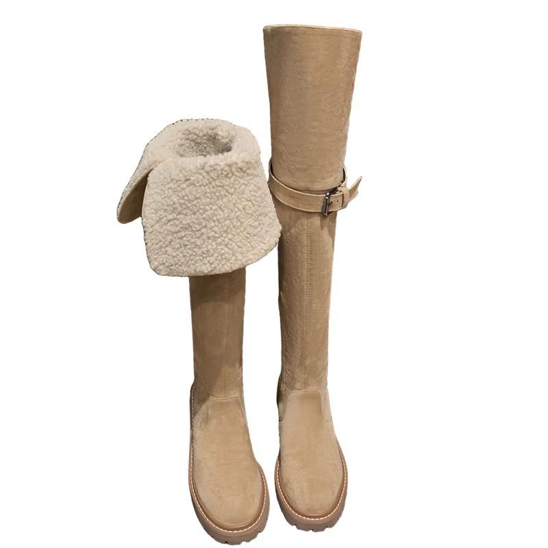 Eversion mocka lammull plattbottnade riddarstövlar 2025 höst och vinter nya förtjockade mångsidiga sammet snö knästövlar dam
