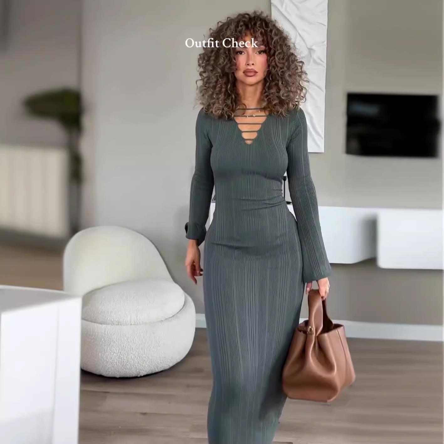 

2024 Autumn Women s Solid Color Hollow-Out V-Neck Slim-Fit Long-Sleeve Bodycon Dress XS океан синий