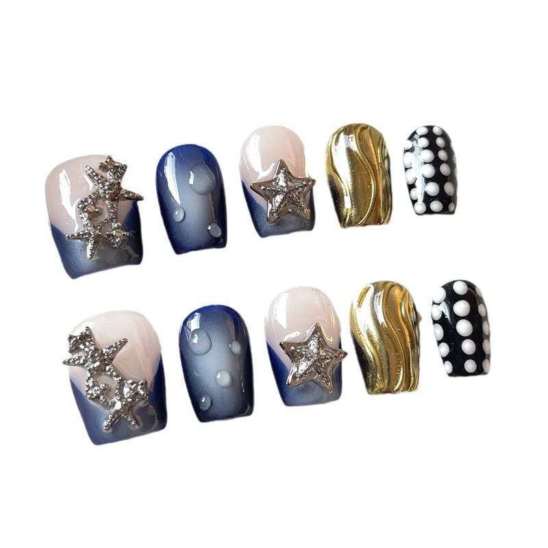 Short Press-On Nails With 3D Star Design Sea Galaxy Theme Handmade Acrylic Nail Tips Women