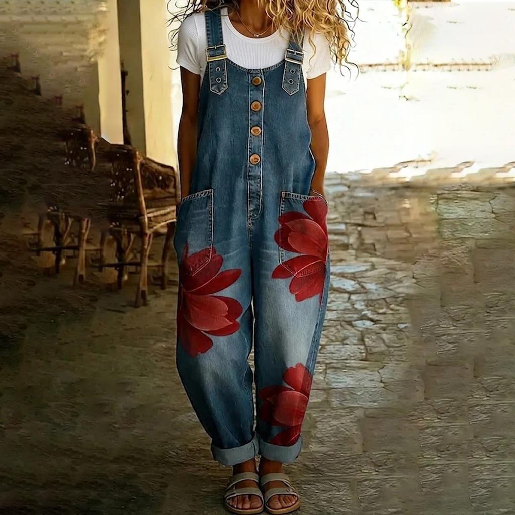 Women's Casual Denim Jumpsuit Floral Print Button Front Loose Fit Overalls with Adjustable Straps and Pockets for Everyday Wear