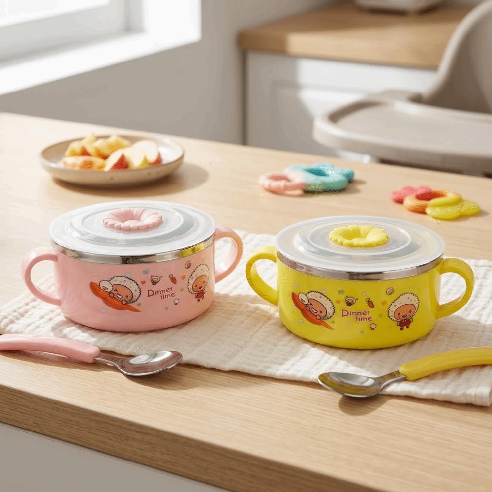 Plastic Metal Bowl 304 Rustless Steel Feeding Bowl Anti scald Dinner Bowl Daily Feeding розовый
