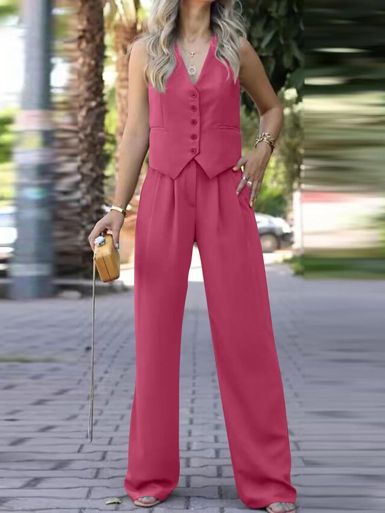 Women's Spring New Arrivals V-Neck Sleeveless Vest Wide Leg Pants Casual Set