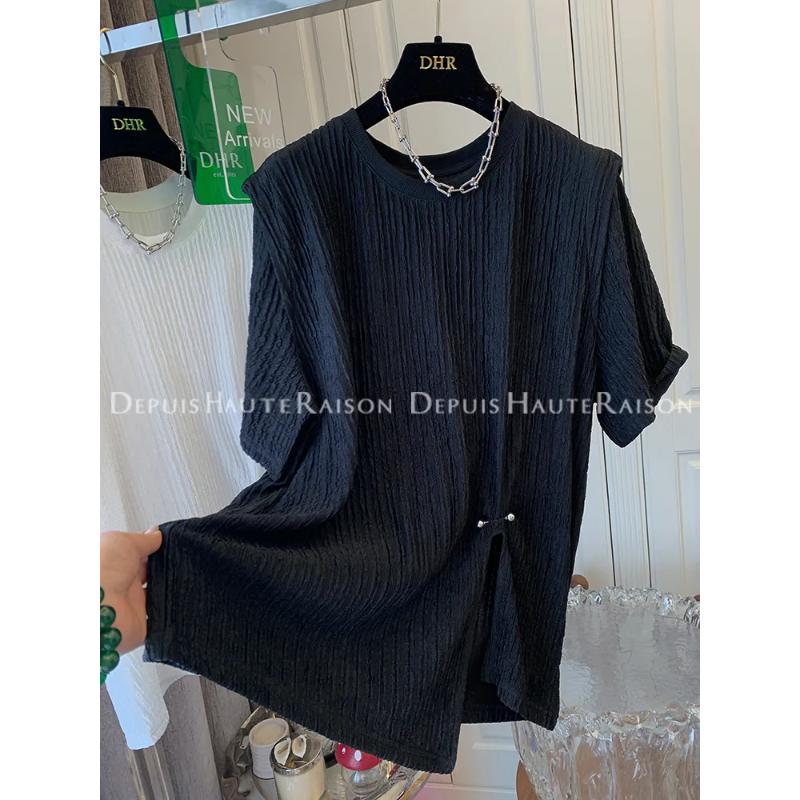 

Women s Black Ribbed Knit Asymmetric Top Short Sleeve Casual Blouse L чорний