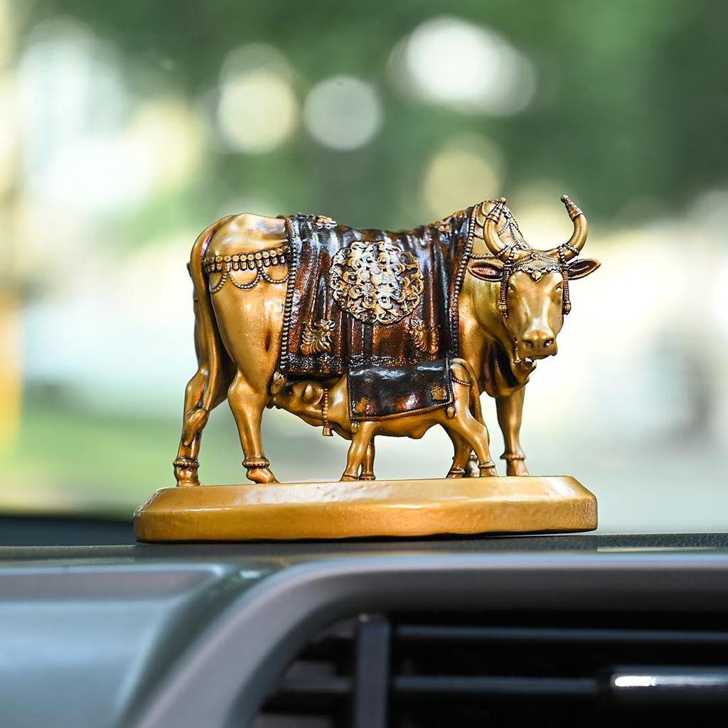 Handcrafted Kamdhenu Cow and Calf Statue Kamdhenu Cow with Calf Vastu Resin Fengshui Figurine for Car Dashboard Home Deocration Gifting Good Luck