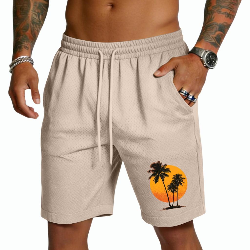 Mens Drawstring Waist Casual Shorts with Tree and Print Relaxed Fit Lightweight Breathable Fabric for Everyday Wear