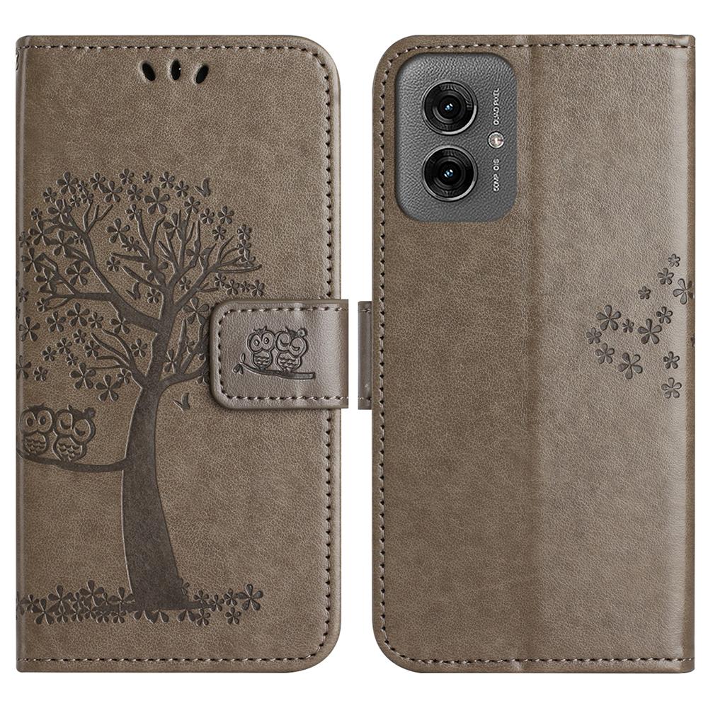 

For Motorola Moto G55 5G Case PU Leather Owl Tree Imprinted Wallet Phone Cover Grey