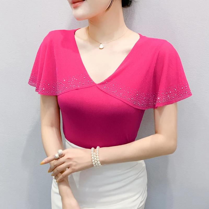 New European Women's T-Shirt Clothes Sexy V-Neck Chic Ruffles Hot Diamonds Tops Shirts Summer Short Sleeve Slim Mesh Tees