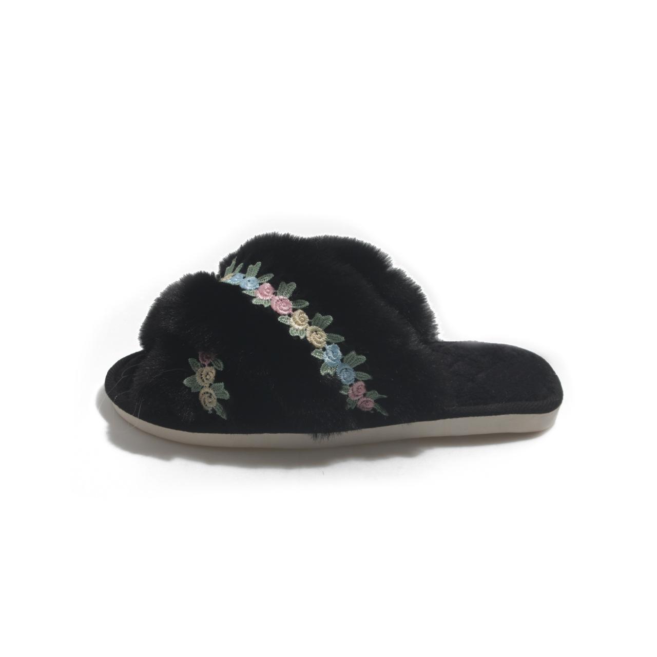 

Модные домашние тапочки с цветочным узором и перекрестными ремешками для женщин, осенние и зимние теплые плюшевые тапочки, хлопковая обувь для дома и спальни 42-43 чёрный